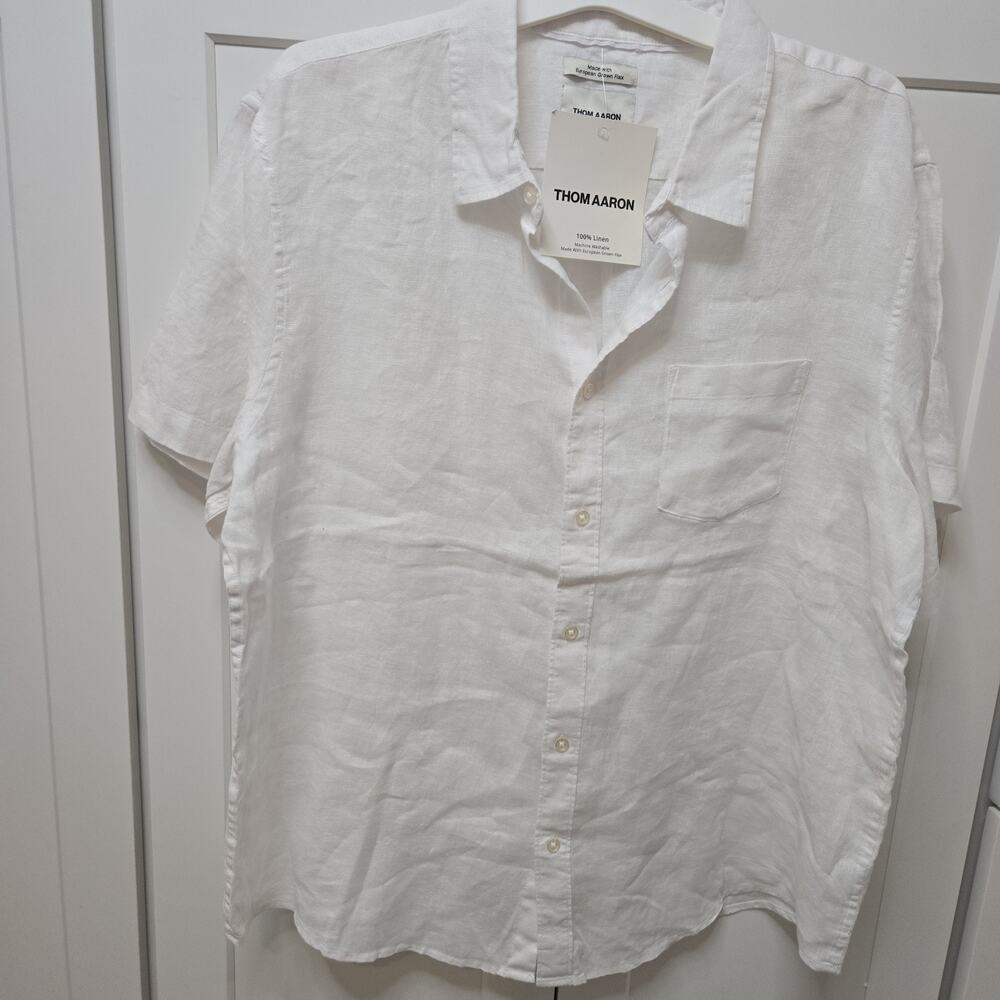 Thom AAron 100% Linen Shortsleeve Buttonup Shirt  European Grown Flax White  L‎